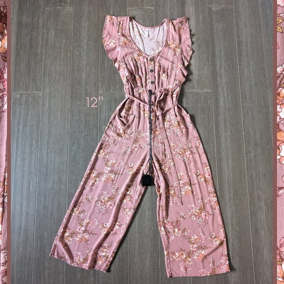 Xhilaration, Mauve Floral Cropped Jumpsuit with Ruffles, Vneck, Size S - Picture 13 of 14